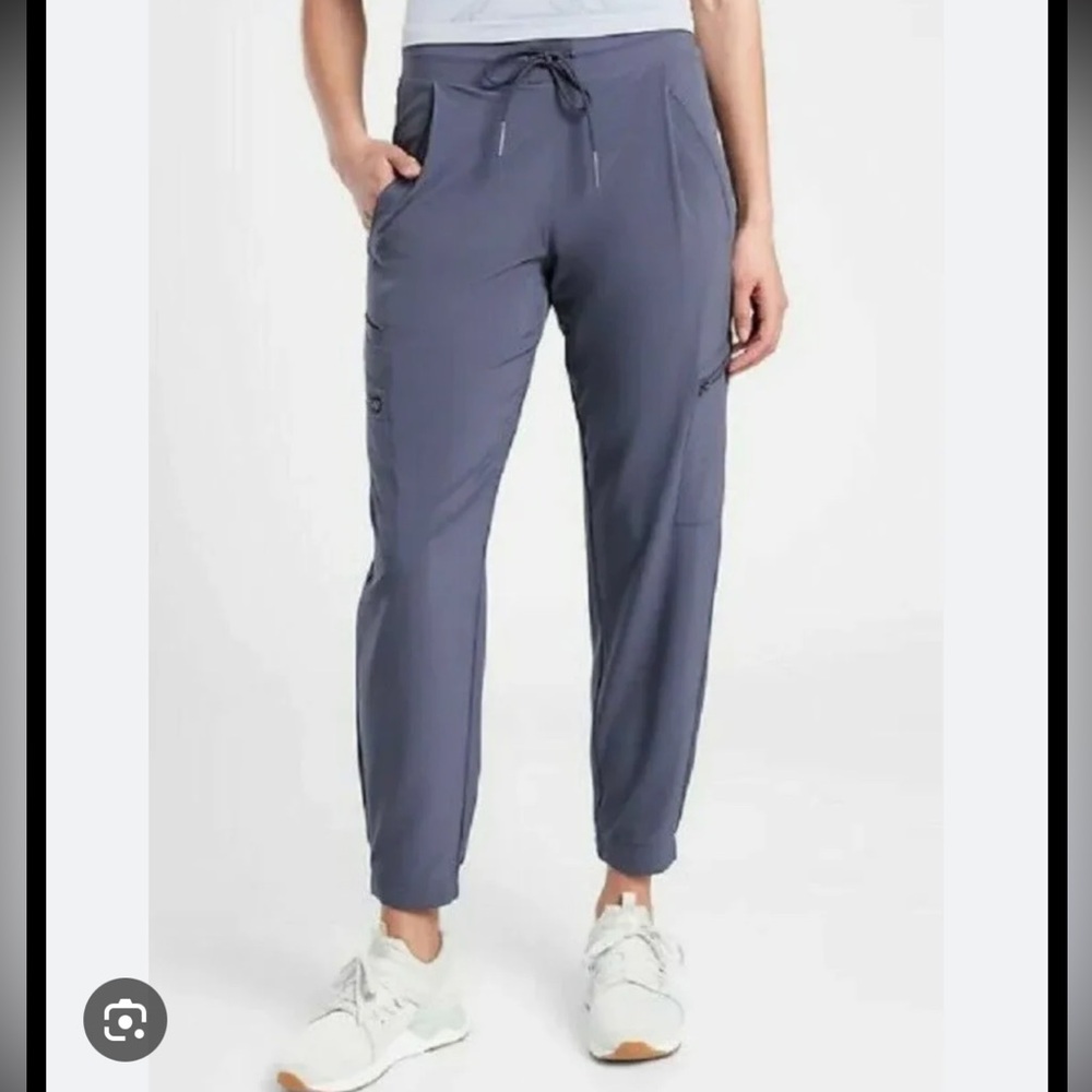 Athleta Go Far Travel Pants in a light gray/blue color